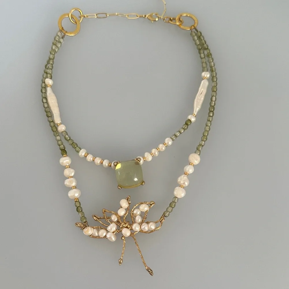 Freshwater Pearl and Green Beaded Necklace with Gold Accents